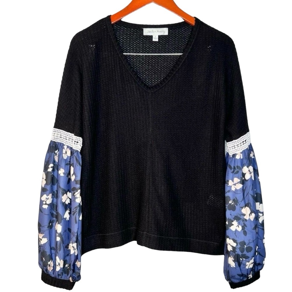 Jack + Avery Puff Sleeve Blouse Small Waffle Knit Floral Lace Satin Black Blue